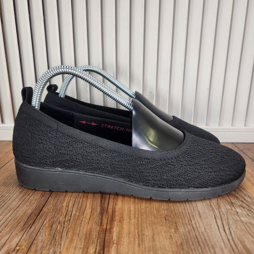 Womens 8 Skechers Cleo Flex 158323 Black Stretch Fit Slip On Comfort Flats Shoes